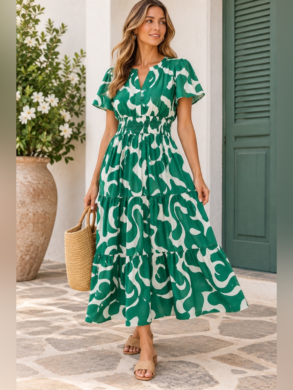Anthropologie Meadow Rhodes Green White Cotton Tiered Maxi Dress PS Coastal Boho